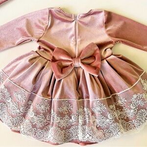 Pink Velvet Dress with Bow and Lace 2T